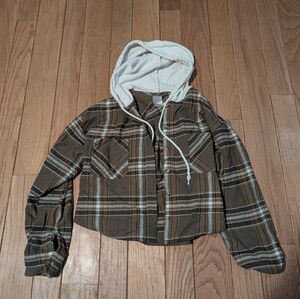 Juniors No Boundaries Olive Green Cropped Hooded Jacket Size Large 11-13